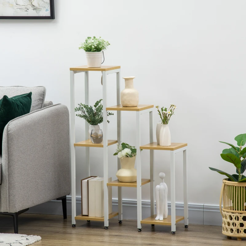 Outsunny Soporte para Plantas con 7 Estantes Escalonados para Interior y Exterior65x23x94,5 cm Natural y Blanco