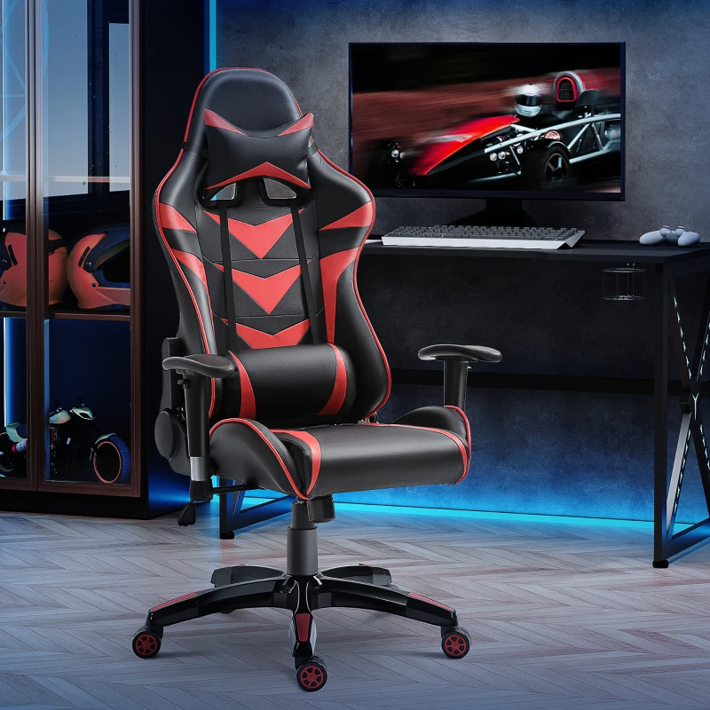 HOMCOM Fauteuil gamer chaise de gaming fauteuil de bureau pivotant inclinable fauteuil manager grand confort style baquet racing avec coussins revêtement synthétique rouge noir