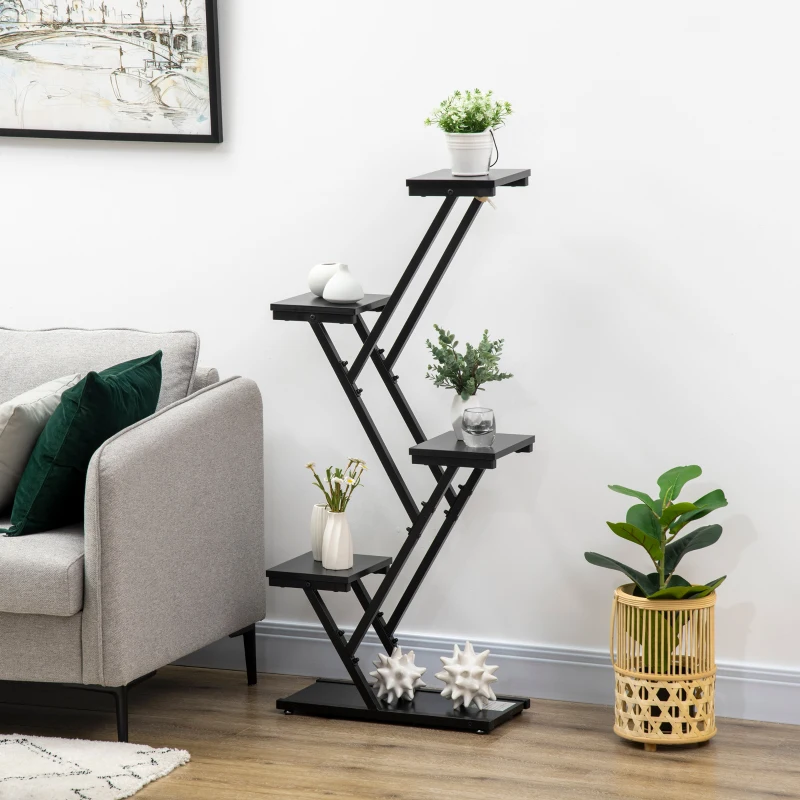 Outsunny Soporte para Plantas de 4 Niveles Estantería de Madera y Acero para Interior y Exterior 53x24x119,5 cm Negro