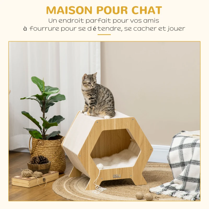 PawHut Maison niche pour chat design scandinave - coussin grand confort amovible inclus - 49,5 x 38,5 x 43,5 cm - aspect bois, beige