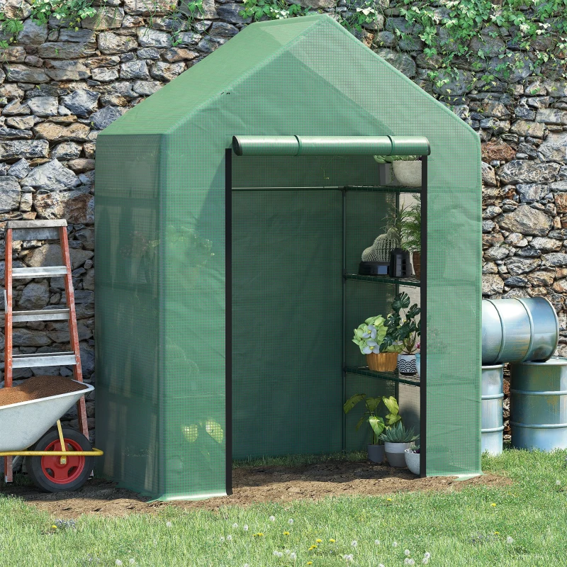Outsunny Serra da Giardino per Piante con Scaffali in Acciaio e PE, Serra da Balcone con tetto spiovente (143x73x195cm)