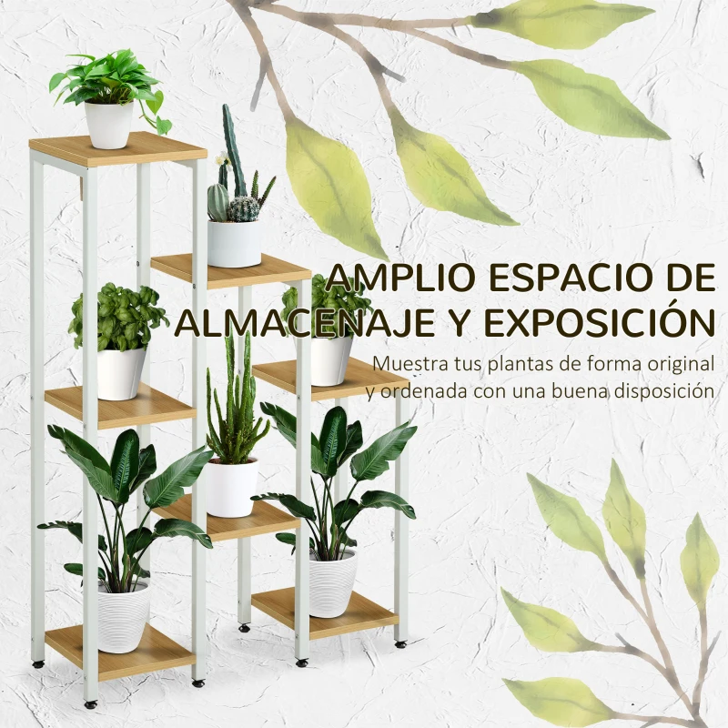 Outsunny Soporte para Plantas con 7 Estantes Escalonados para Interior y Exterior65x23x94,5 cm Natural y Blanco