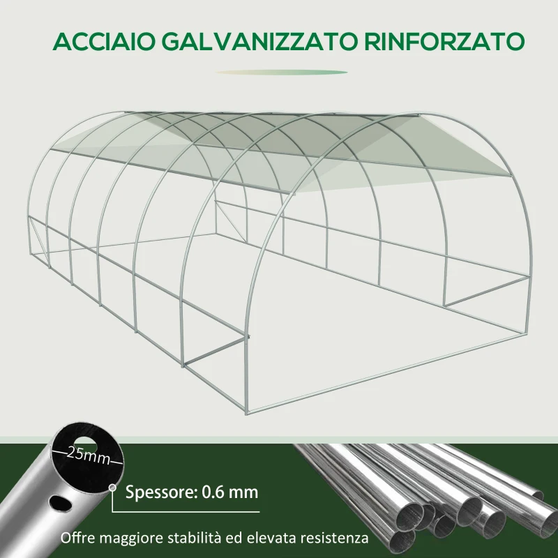 Outsunny Serra a Tunnel per Orto in Acciaio con Copertura in PE, Porta e Finestre, 570x292x197cm, Verde