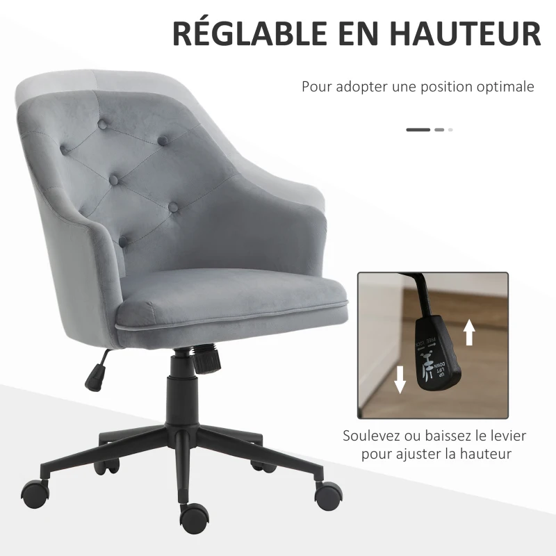 Vinsetto Chaise de bureau fauteuil de bureau ergonomique hauteur réglable pivotante à 360° revêtement velours grand confort 63 x 64 x 96 cm gris