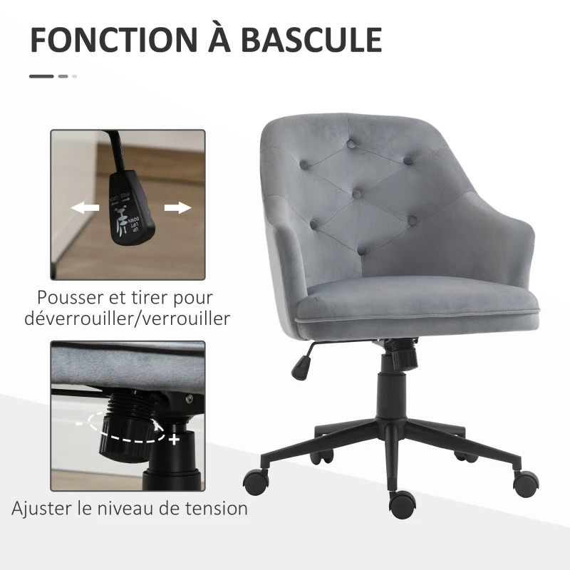 Vinsetto Chaise de bureau fauteuil de bureau ergonomique hauteur réglable pivotante à 360° revêtement velours grand confort 63 x 64 x 96 cm gris