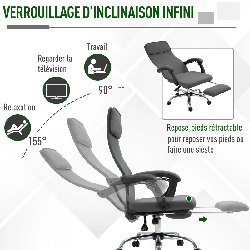 HOMCOM Fauteuil de bureau manager chaise de bureau dossier inclinable hauteur réglable roulettes pivotantes repose-pied appui-tête polyester gris