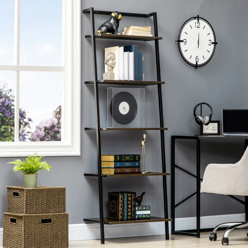 HOMCOM Estantería de Escalera con 5 Estantes de Estilo Industrial para Salón Dormitorio Oficina 60,5x35x171 cm Nogal