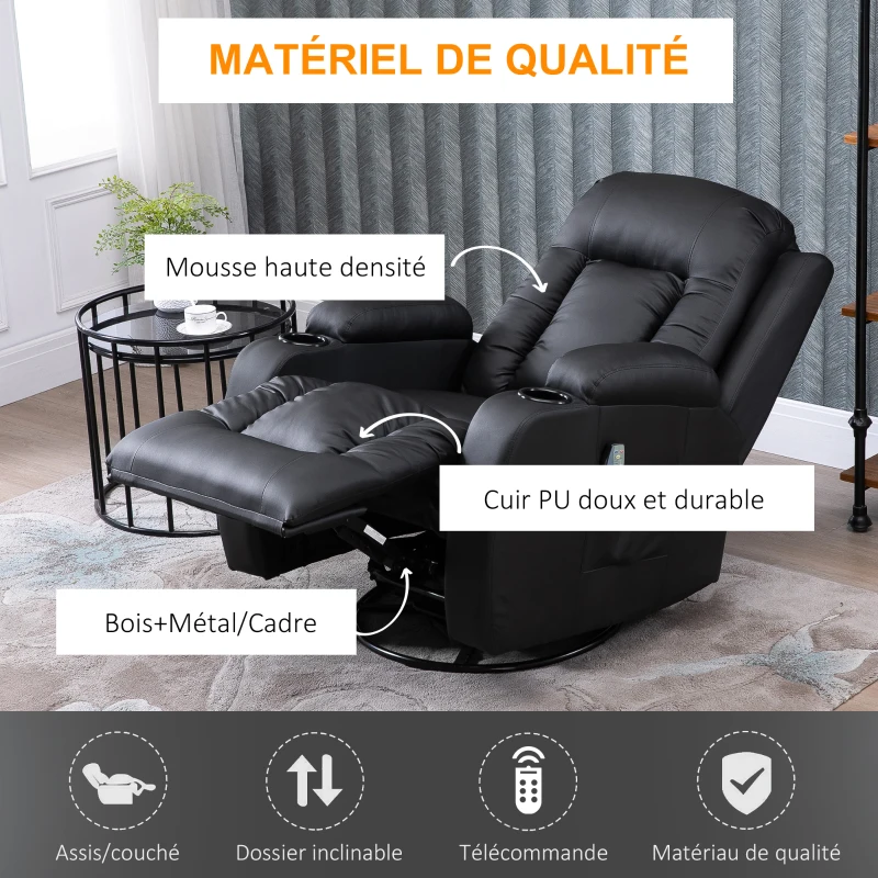 HOMCOM Fauteuil de Massage et Relaxation électrique Chauffant 360° pivotant inclinable manuellement Repose-Pied télécommande ‎Noir