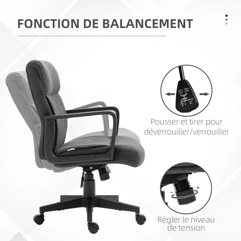 Vinsetto Chaise de bureau ergonomique fauteuil de bureau siège de bureau en toile avec accoudoir hauteur réglable pivotant à 360°  lin gris et piètement noir