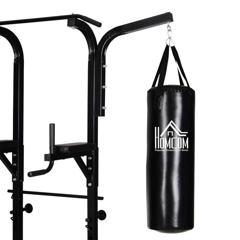 HOMCOM Power Tower con Panca e Sacco da Boxe di 20kg, Stazione Multiuso in Acciaio Nero per Allenamento Total Body