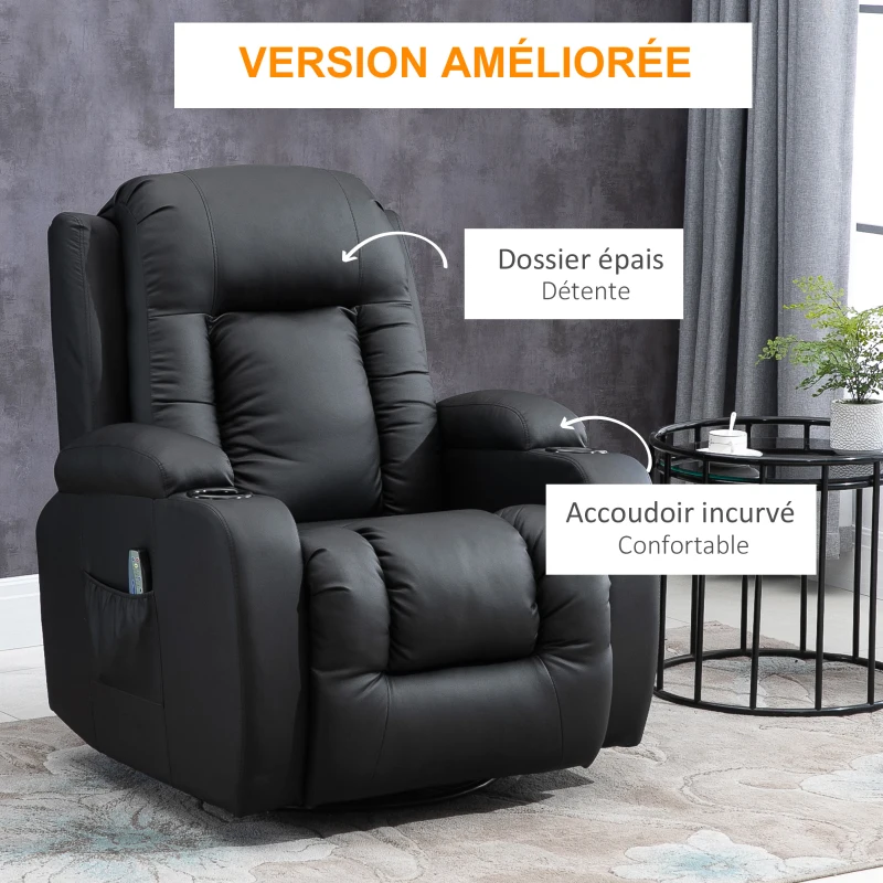 HOMCOM Fauteuil de Massage et Relaxation électrique Chauffant 360° pivotant inclinable manuellement Repose-Pied télécommande ‎Noir
