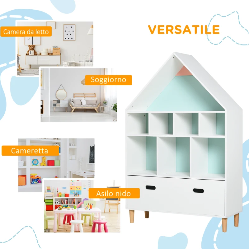HOMCOM Libreria Scaffale Portagiochi per Cameretta Bimbi e Ragazzi con Mensole a Cubi Bianca, Due Colori Cambiati, Azzurra e Rosa 82x30x126cm