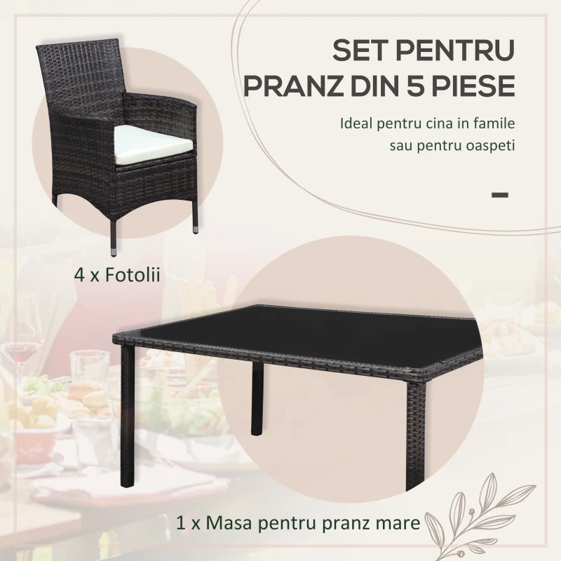Outsunny Set masa si scaune 5 piese din rattan PE pentru exterior, cotiere din rachita, pentru terasa