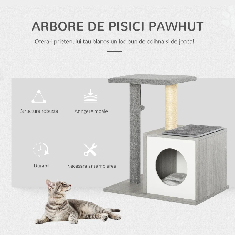 PawHut Centru de activitati cu spatiu pentru zgariat culcus cu perna detasabila din plus lemn gri