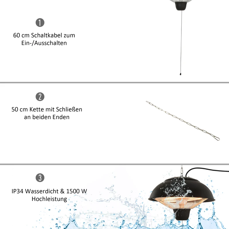 Outsunny Elektrische tuinverwarmer terrasverwarmer plafondverwarming 1500 W trekkoord