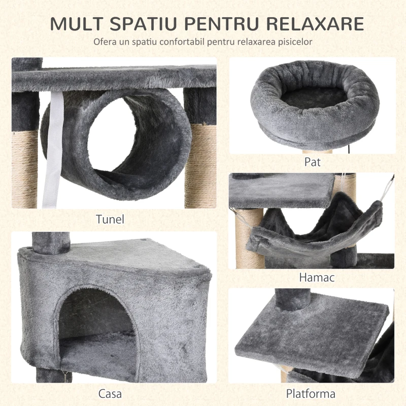 PawHut Ansamblu pentru Pisici cu Cusca Hamac Patucuri Suspendate si Stalpi din Franghie Sisal Gri 60x40x154cm