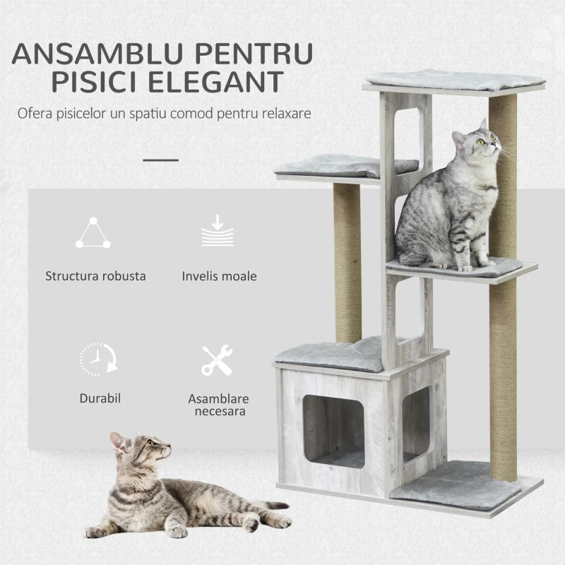 PawHut Copac de zgariat pentru Pisici pe mai multe nivele, Casuta si Franghii din Iuta, Gri