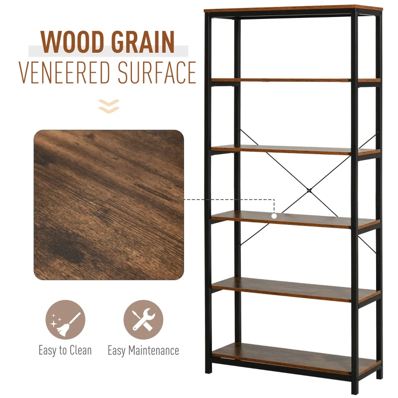 Homcom Biblioteca Industriala Vintage – 6 Rafturi din Lemn & Metal Negru