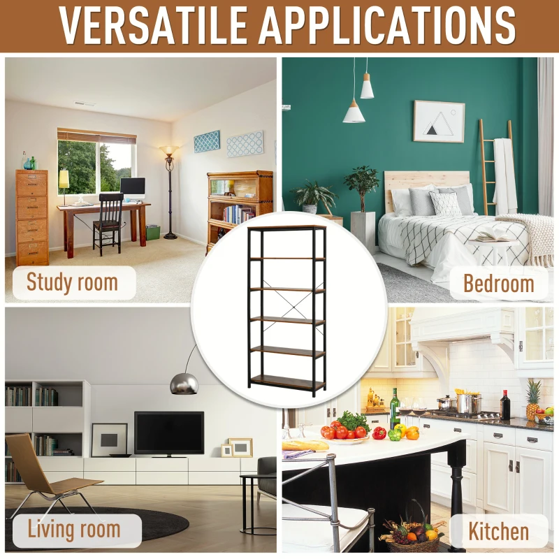 Homcom Biblioteca Industriala Vintage – 6 Rafturi din Lemn & Metal Negru