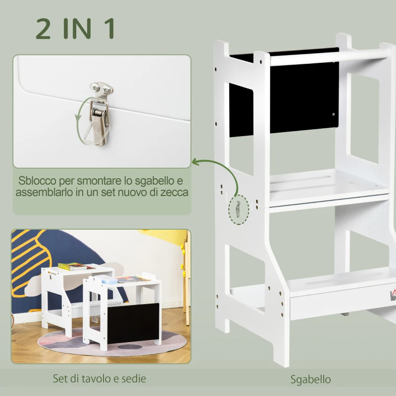 HOMCOM Scala Montessori 2 in 1 in MDF Staccabile, con Sgabello, Lavagna Inclusi, per Bambini 3-6 Anni, Bianco