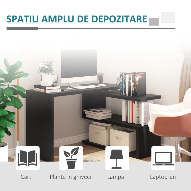 HOMCOM Birou pe colt pentru Computer cu Rafturi in Lemn, Negru, 120x106x75cm