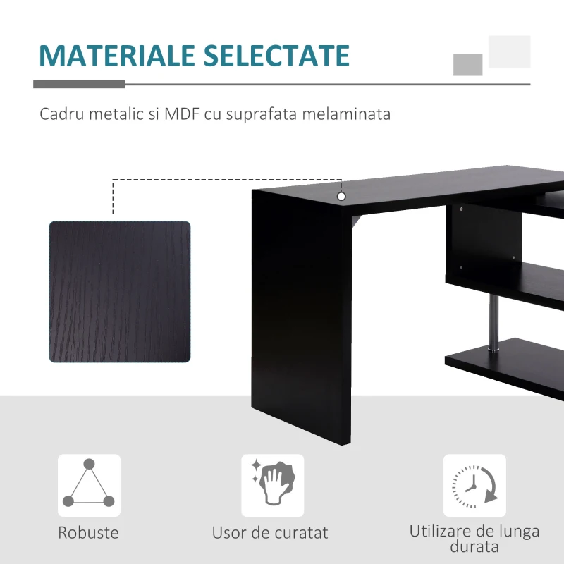 HOMCOM Birou pe colt pentru Computer cu Rafturi in Lemn, Negru, 120x106x75cm