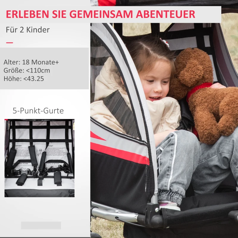 HOMCOM 2 in 1 kinderfietskar, kinderkar met vering, rood + zwart