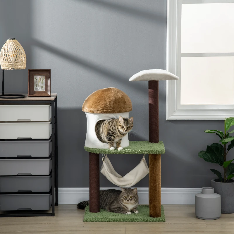 PawHut Cat Tree, with Scratching Post, Hammock, Cat House - Green, Brown & Cream