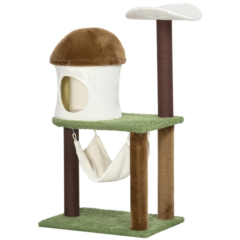 PawHut Cat Tree, with Scratching Post, Hammock, Cat House - Green, Brown & Cream