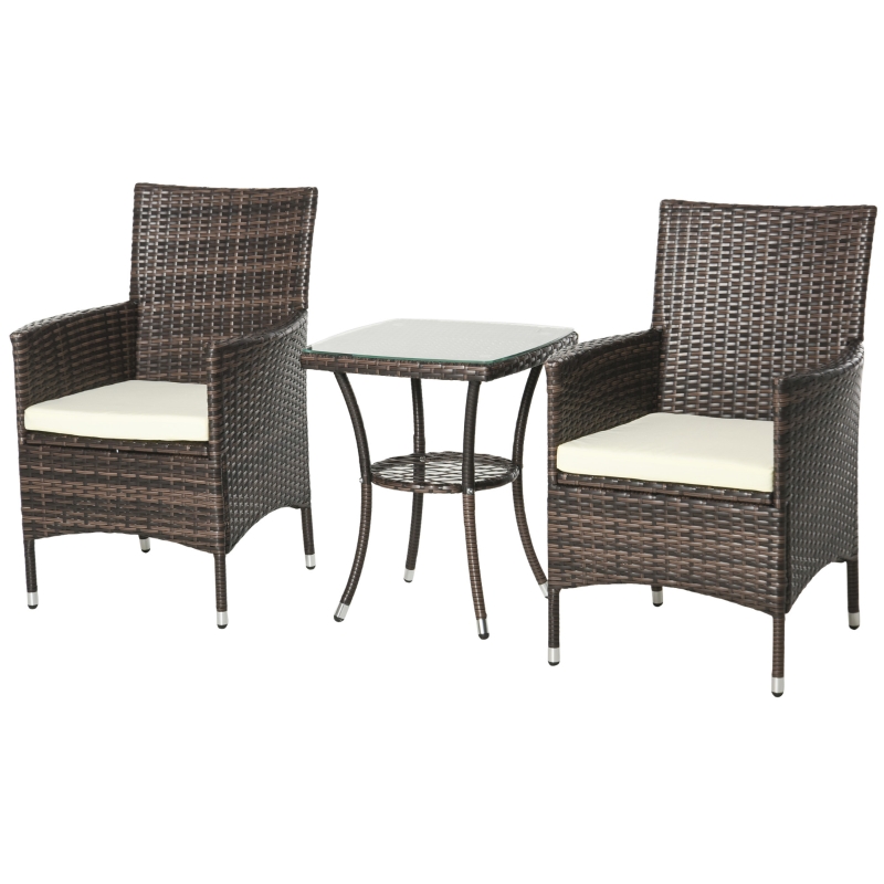 Outsunny 3-tlg. Gartensitzgruppe mit Beistelltisch, Rattan Gartenset, Polyrattan, Braun, 60 x 58,5 x 89,5 cm