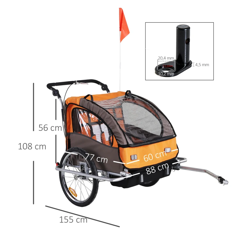 HOMCOM Kinderanhänger Fahrradanhänger einklappbar mit Universalkupplung 155 x 88 x 108cm Stahl Orange