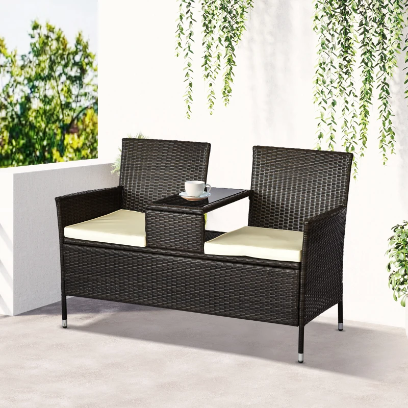 Outsunny Poly-rotan tuinbank met tafel tuinbank bank 2-zits staal bruin