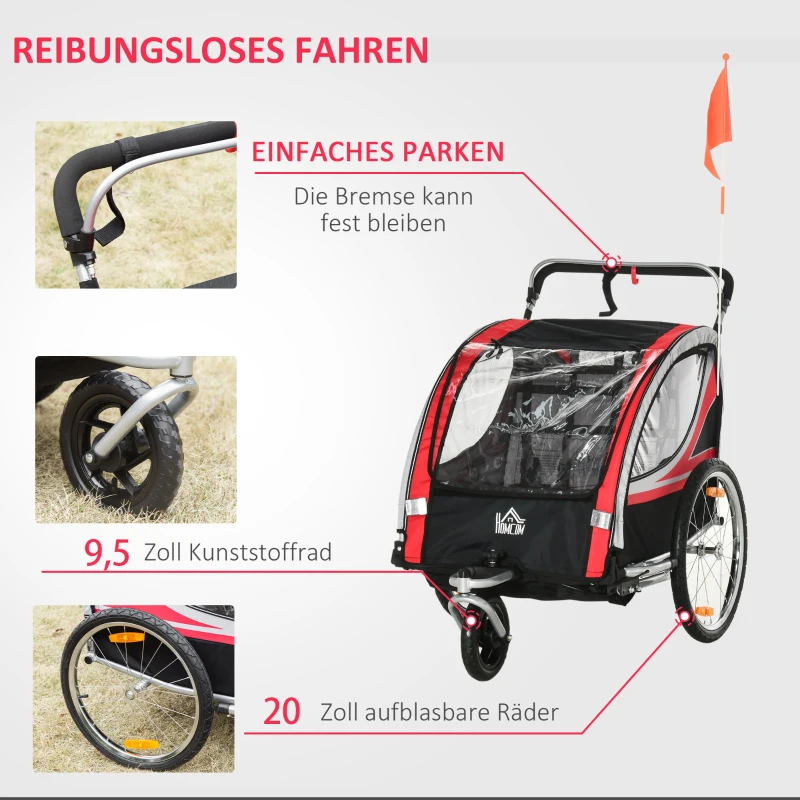 HOMCOM 2 in 1 kinderfietskar, kinderkar met vering, rood + zwart