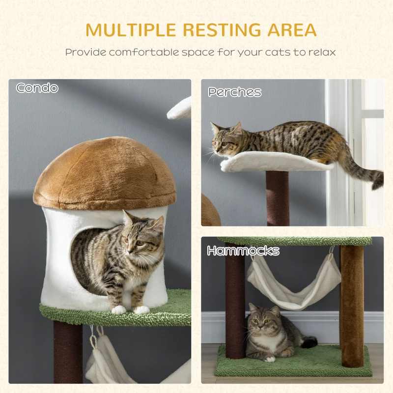 PawHut Cat Tree, with Scratching Post, Hammock, Cat House - Green, Brown & Cream