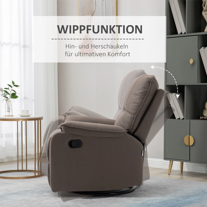 HOMCOM Relaxsessel Liegefunktion 135° neigbar, Wippfunktion, Fußstütze 82 cm x 95 cm x 98 cm Mikrofaserstoff Braun
