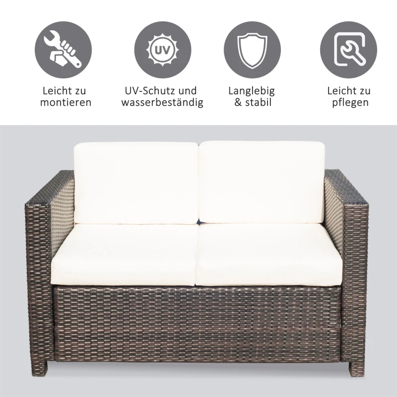 Outsunny tuin lounge PE rotan bank met kussens 2-zits tuin lounge bank buiten metaal polyester bruin + wit 130 x 70 x 80 cm