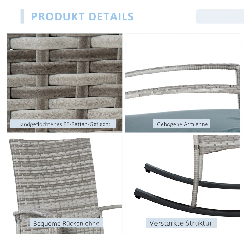 Outsunny schommelstoel, tuinstoel, poly rotan met grijze kussens