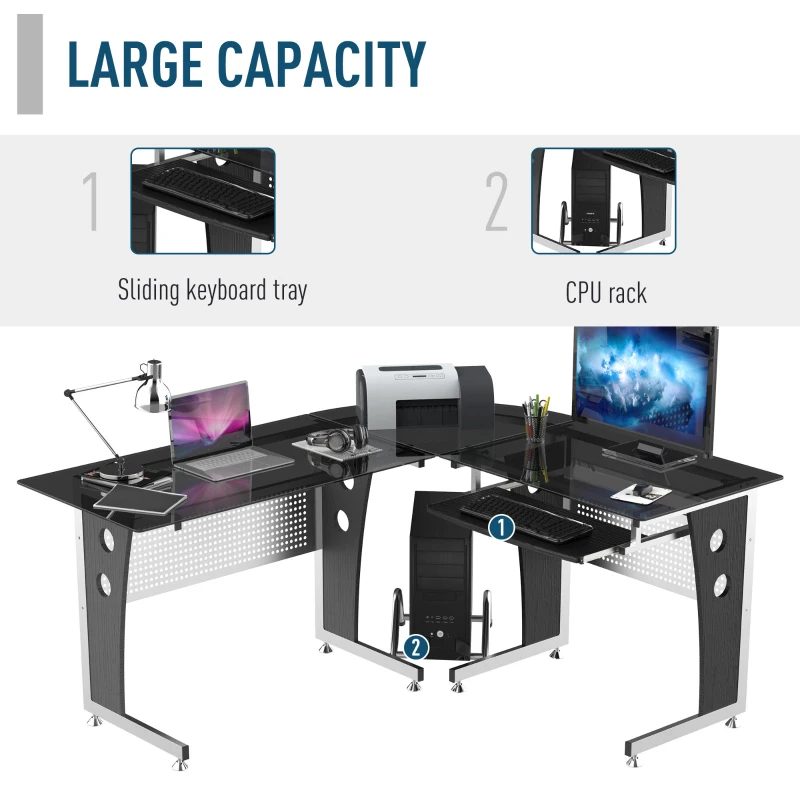 HOMCOM birou colt MDF, metal si sticla 164x139x75cm, negru