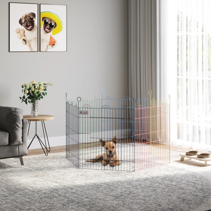PawHut® Wybieg dla Szczeniąt Ogrodzenie dla Zwierząt 6 Części Ø120 X W66 cm Kojec na Zewnątrz Metal Wielokolorowy