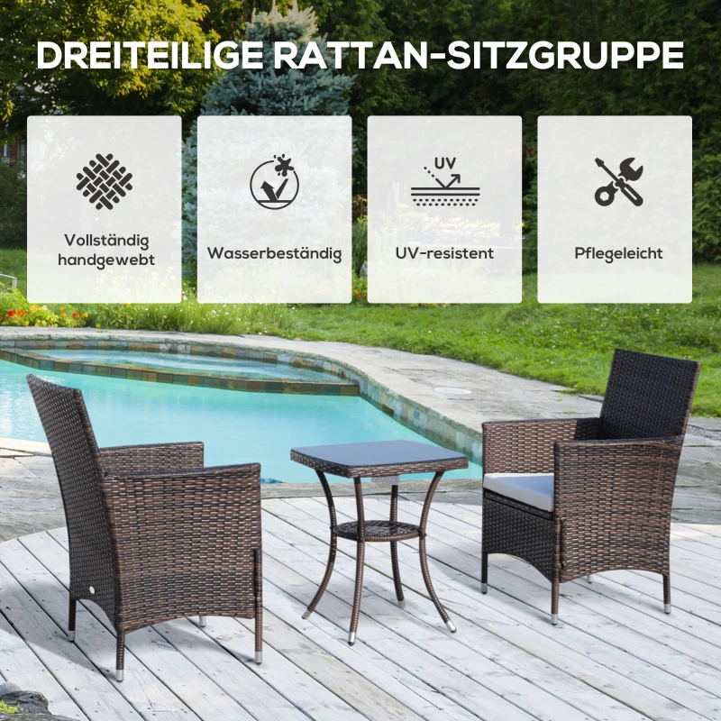 Outsunny 3-delige zitgroep voor in de tuin, rotan tuinset, poly-rotan, bruin