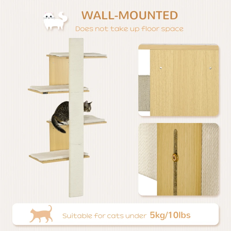 PawHut Four-Layer Wall-Mounted Shelf, with Cushions, Scratching Board - Oak Tone