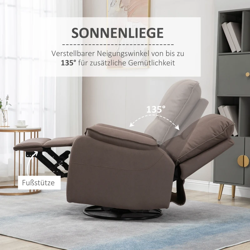 HOMCOM Relaxsessel Liegefunktion 135° neigbar, Wippfunktion, Fußstütze 82 cm x 95 cm x 98 cm Mikrofaserstoff Braun