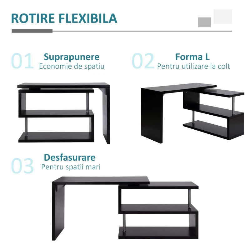 HOMCOM Birou pe colt pentru Computer cu Rafturi in Lemn, Negru, 120x106x75cm