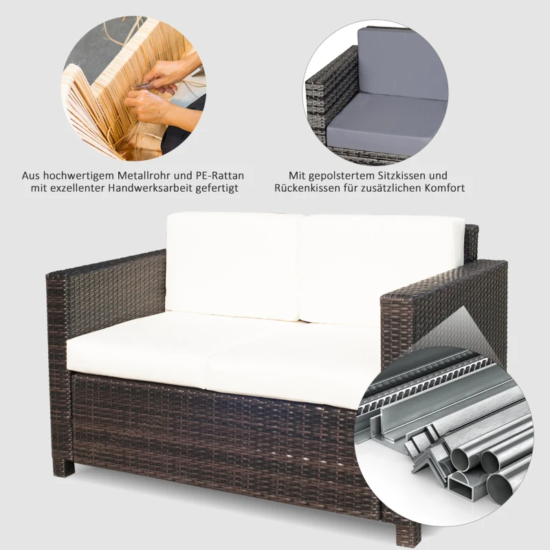 Outsunny tuin lounge PE rotan bank met kussens 2-zits tuin lounge bank buiten metaal polyester bruin + wit 130 x 70 x 80 cm