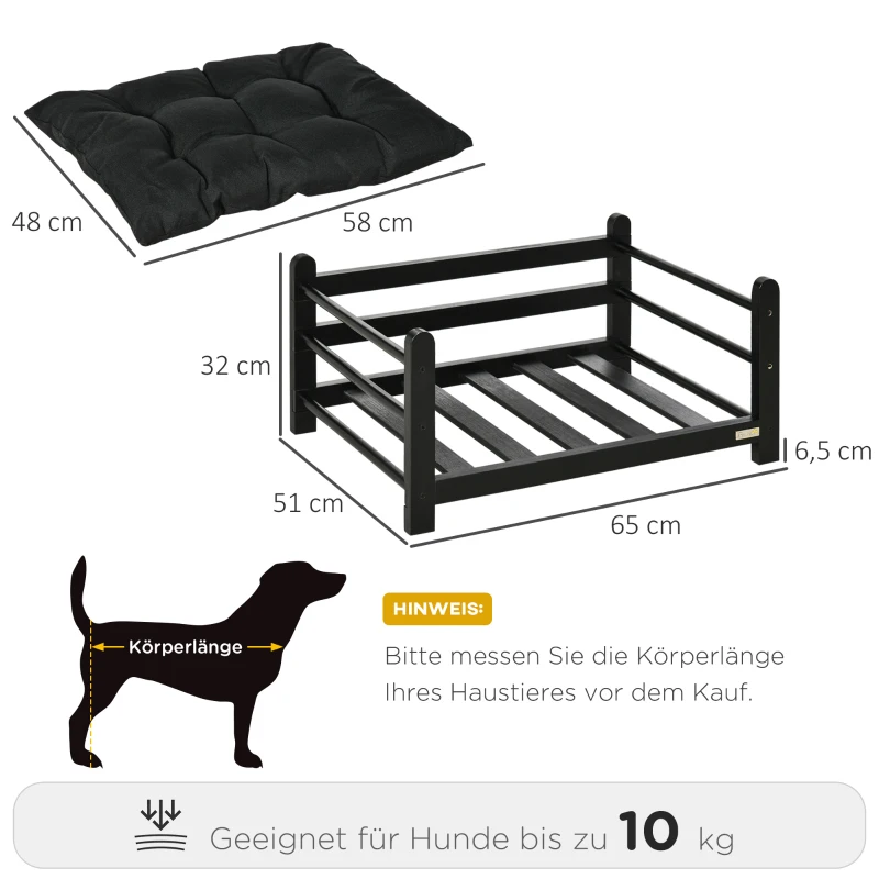 PawHut Erhöhtes Hundebett mit Kissen Hundesofa Holzrahmen Haustierbett Katzensofa Katzenbett Hundeschlafplatz für kleine Hunde Schwarz 65 x 51 x 32 cm