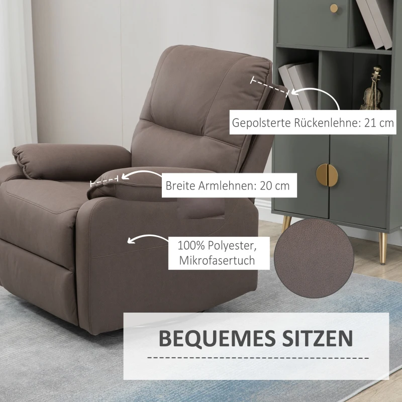 HOMCOM Relaxsessel Liegefunktion 135° neigbar, Wippfunktion, Fußstütze 82 cm x 95 cm x 98 cm Mikrofaserstoff Braun