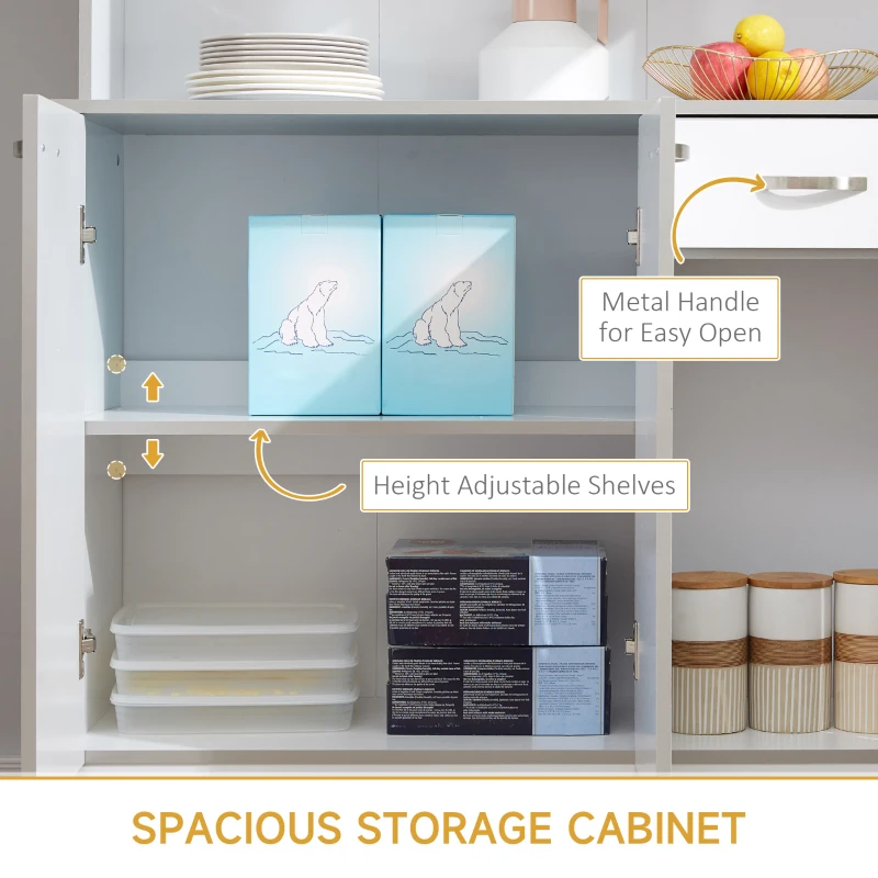 HOMCOM White Pantry Cupboard, Wooden Storage Cabinet with Doors and Shelves, Microwave Countertop for Dining Room