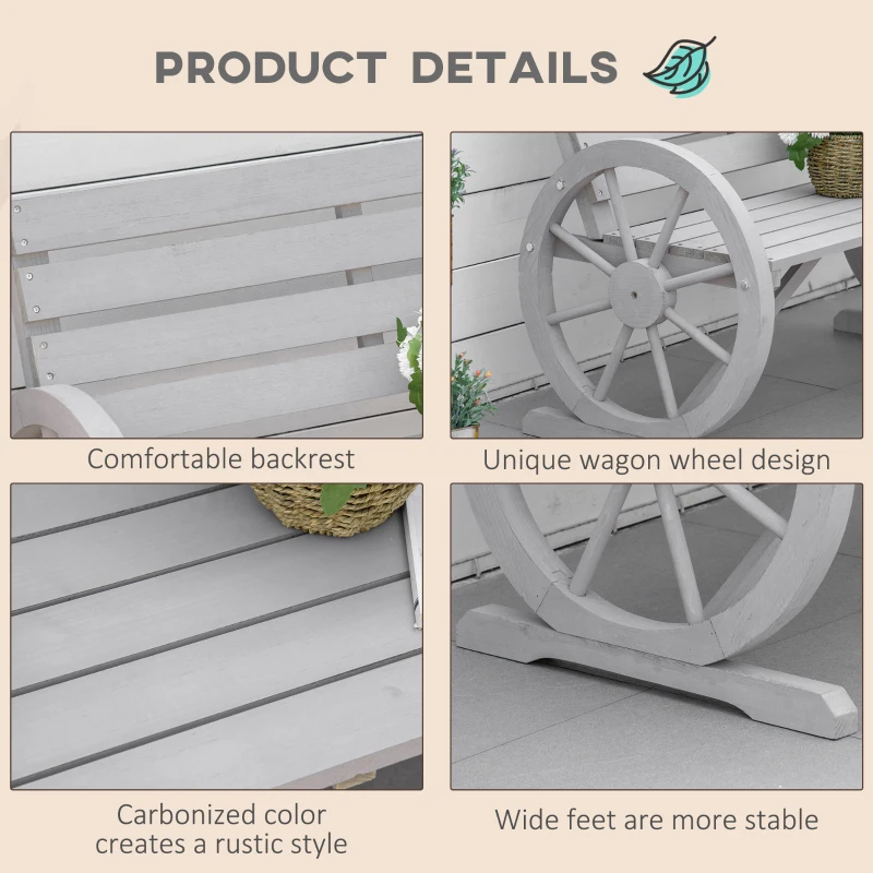 Outsunny Wooden Cart Wagon Wheel 2 Seater Garden Bench Outdoor Garden Armrest Chair Rustic High Back Loveseat Grey