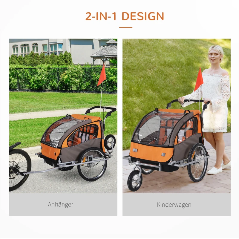 HOMCOM Kinderanhänger Fahrradanhänger einklappbar mit Universalkupplung 155 x 88 x 108cm Stahl Orange