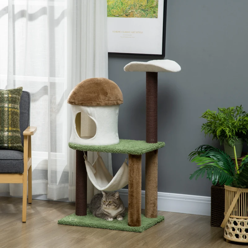 PawHut Cat Tree, with Scratching Post, Hammock, Cat House - Green, Brown & Cream